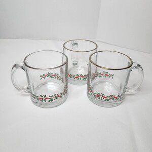 Vintage Clear Glass Arby's Mugs with Holly & Gold Rim Christmas Design Set Of 3